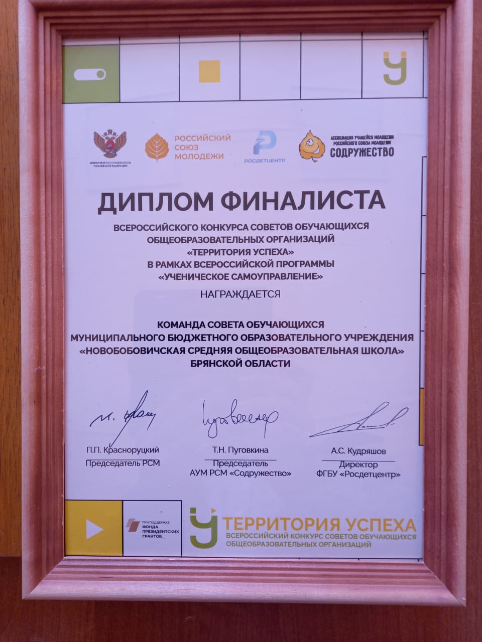 Диплом финалиста Всероссийского конкурса Советов обучающихся общеобразовательных организаций &quot;Территория успеха&quot; ().